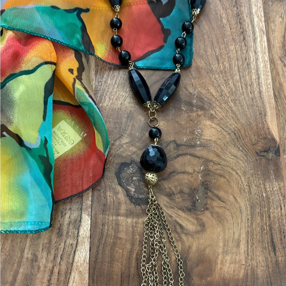 Vintage 44 in adjustableBlack Faceted Bead Tassel Necklace with Multicolor Scarf